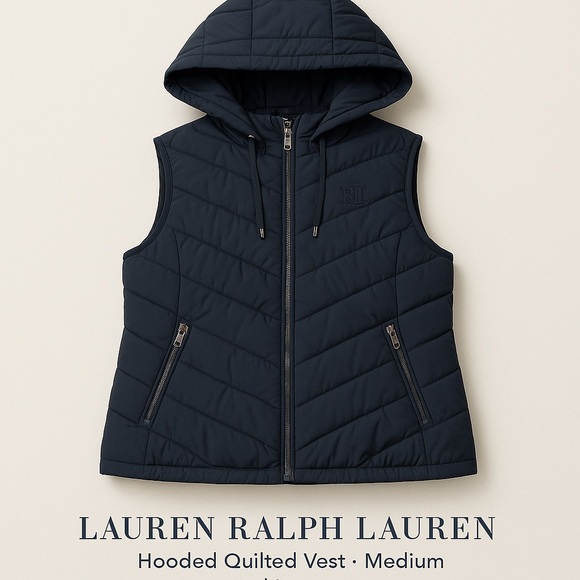 Ralph Lauren Jackets & Blazers - Lauren Ralph lauren Navy Quilted Puffer Vest Hooded Zip Front RLL Logo Size Med.